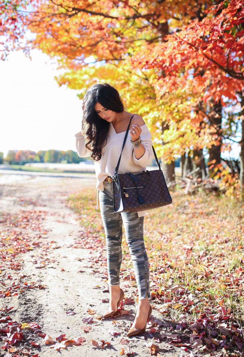 16 Thanksgiving Outfit Ideas featured by top US fashion blogger, Emily Gemma of The Sweetest Thing: cute fall thanksgiving outfitt 2017, cute fall pinterest outfit sweater and camo jeans, express november 2017 cute outfits, travel and fashion blogger, emily ann gemma, the sweetest thing blog, all black outfit pinterest, easy cute casual womens outfit fall pinterest tumblr thanksgiving, fashion blogger fall outfits pinterest, Louis vuitton Poppincourt MM bag outfit, 