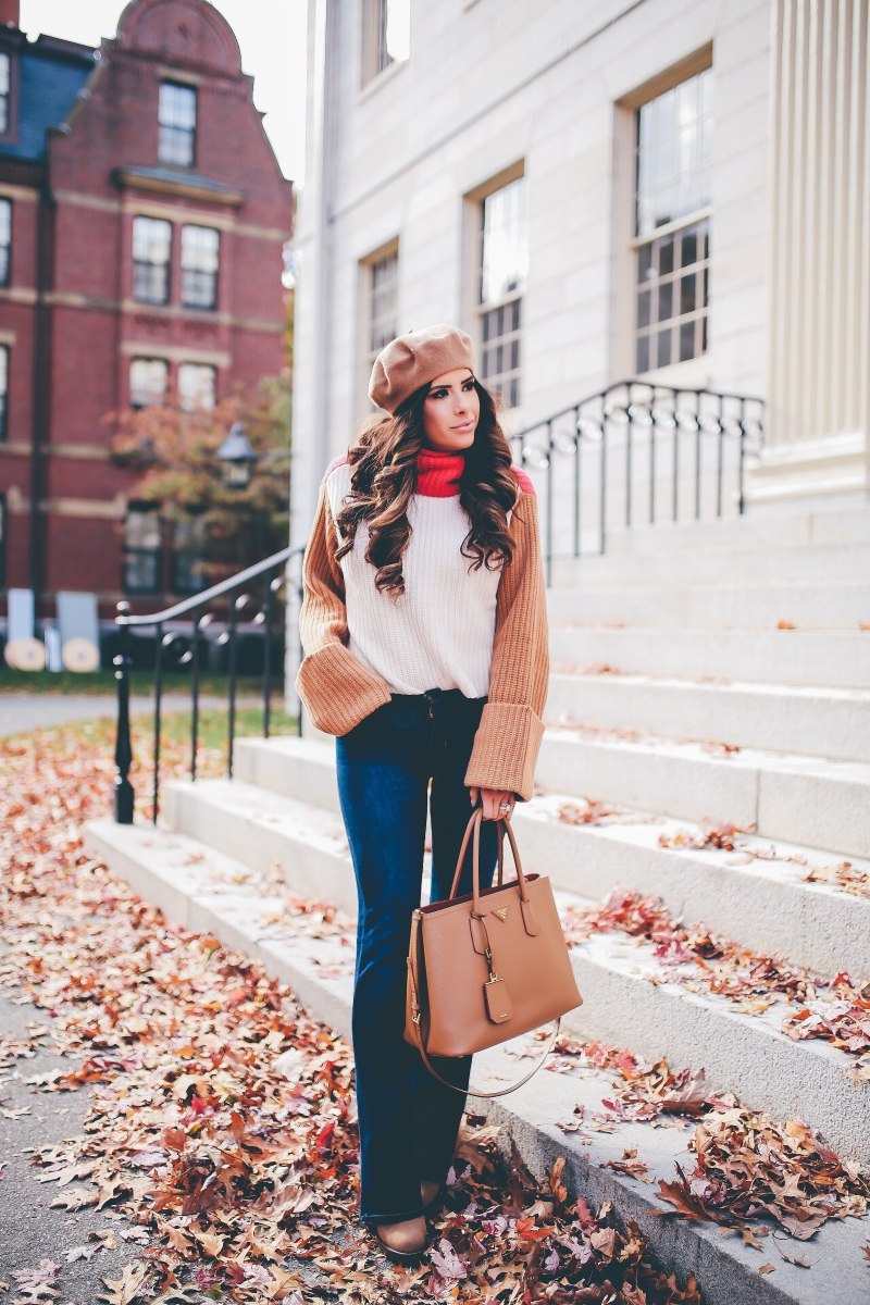 cute fall outfits 2017, fall outfit ideas pinterest, pinterest flare jeans outfit idea, outfit with tan beret, beret fall trends 2017, emily ann gemma, the sweetest thing blog, harvard campus, tan prada bag, how to wear flare jeans, cute flare jeans, hudson flare jeans, h&m turtleneck sweater