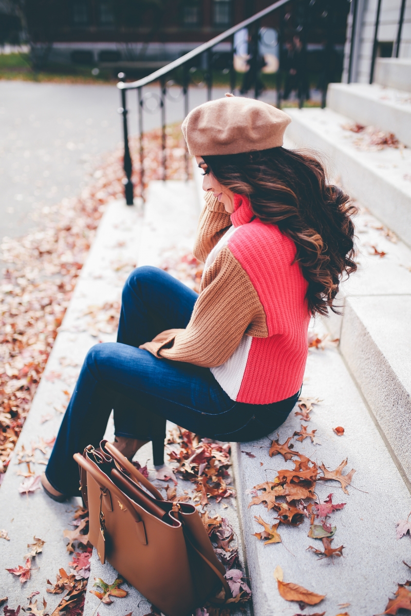 cute fall outfits 2017, fall outfit ideas pinterest, pinterest flare jeans outfit idea, outfit with tan beret, beret fall trends 2017, emily ann gemma, the sweetest thing blog, harvard campus, tan prada bag, how to wear flare jeans, cute flare jeans, hudson flare jeans, h&m turtleneck sweater