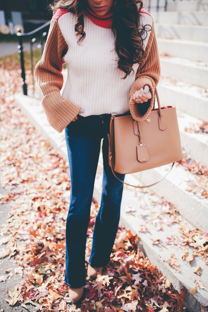 cute fall outfits 2017, fall outfit ideas pinterest, pinterest flare jeans outfit idea, outfit with tan beret, beret fall trends 2017, emily ann gemma, the sweetest thing blog, harvard campus, tan prada bag, how to wear flare jeans, cute flare jeans, hudson flare jeans, h&m turtleneck sweater