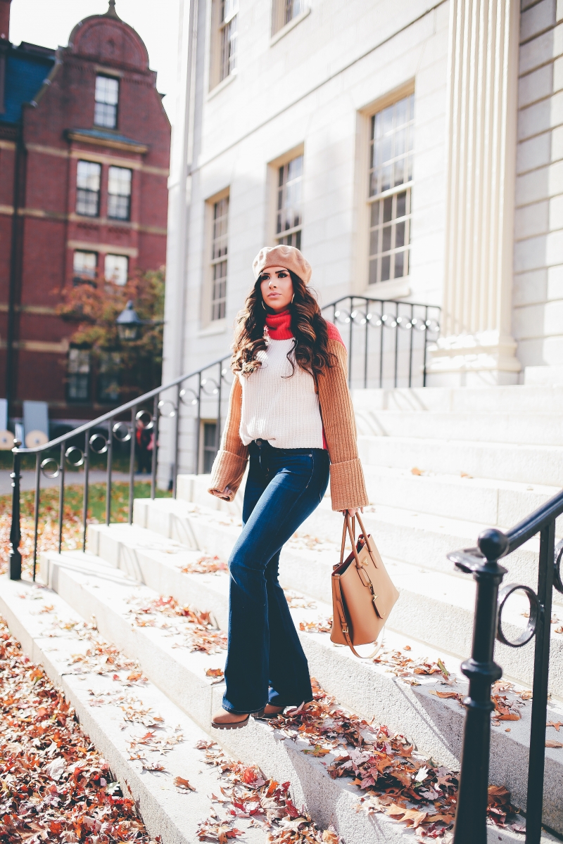 cute fall outfits 2017, fall outfit ideas pinterest, pinterest flare jeans outfit idea, outfit with tan beret, beret fall trends 2017, emily ann gemma, the sweetest thing blog, harvard campus, tan prada bag, how to wear flare jeans, cute flare jeans, hudson flare jeans, h&m turtleneck sweater