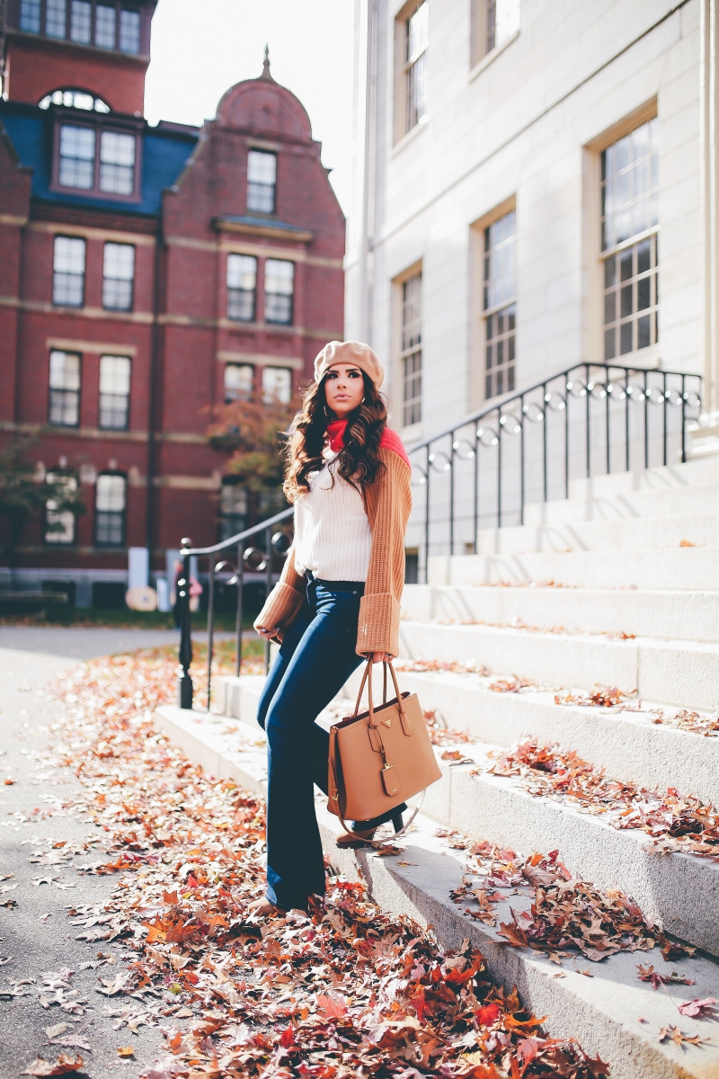 cute fall outfits 2017, fall outfit ideas pinterest, pinterest flare jeans outfit idea, outfit with tan beret, beret fall trends 2017, emily ann gemma, the sweetest thing blog, harvard campus, tan prada bag, how to wear flare jeans, cute flare jeans, hudson flare jeans, h&m turtleneck sweater