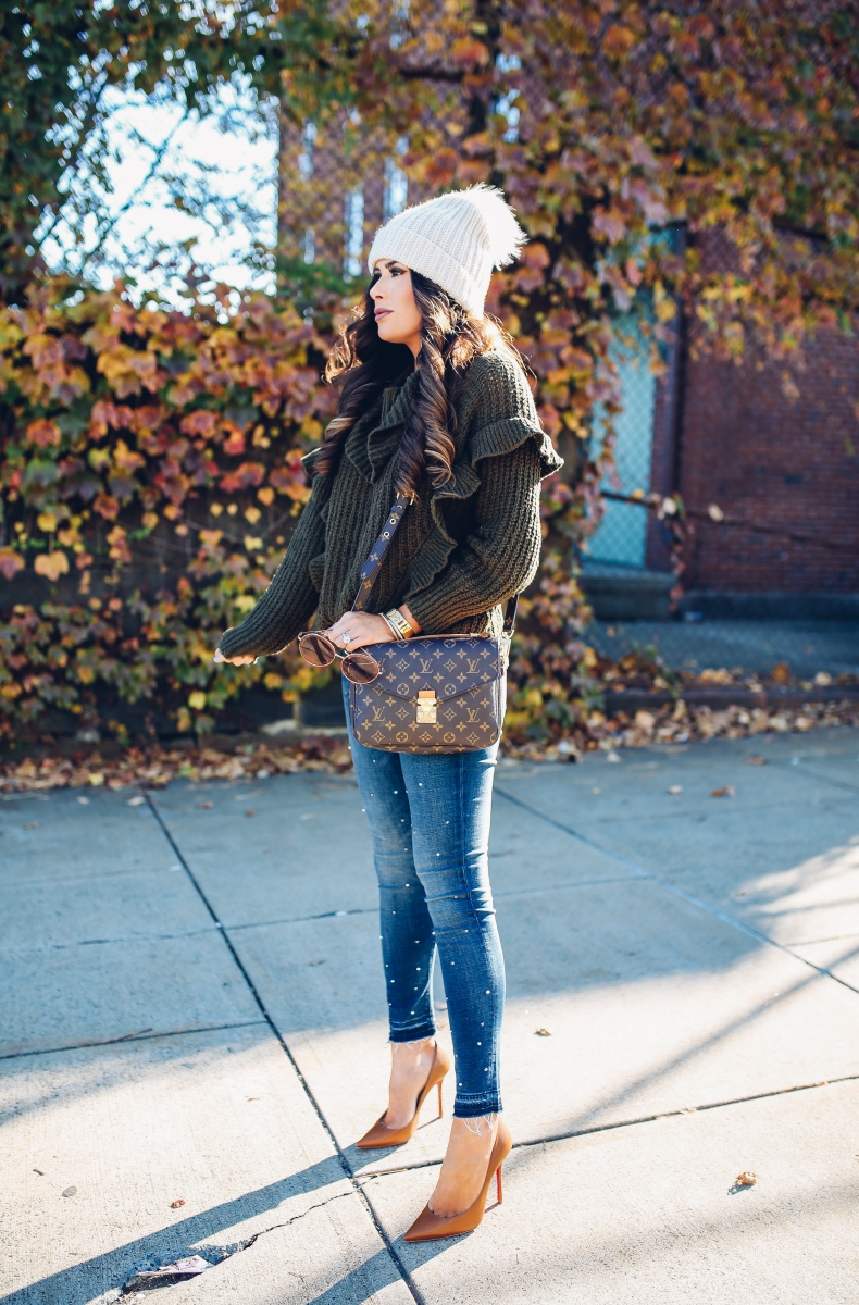 fall fashion 2017, cute fall outfits thanksgiving dinner, chunky turtleneck sweater fall 2017, cute tumblr pinterest fall outfits, outfits with sweaters and beanies, express november 2017 sweaters, embellished jeans pearls, louis vuitton pochette metis, emily ann gemma, the sweetest thing blog