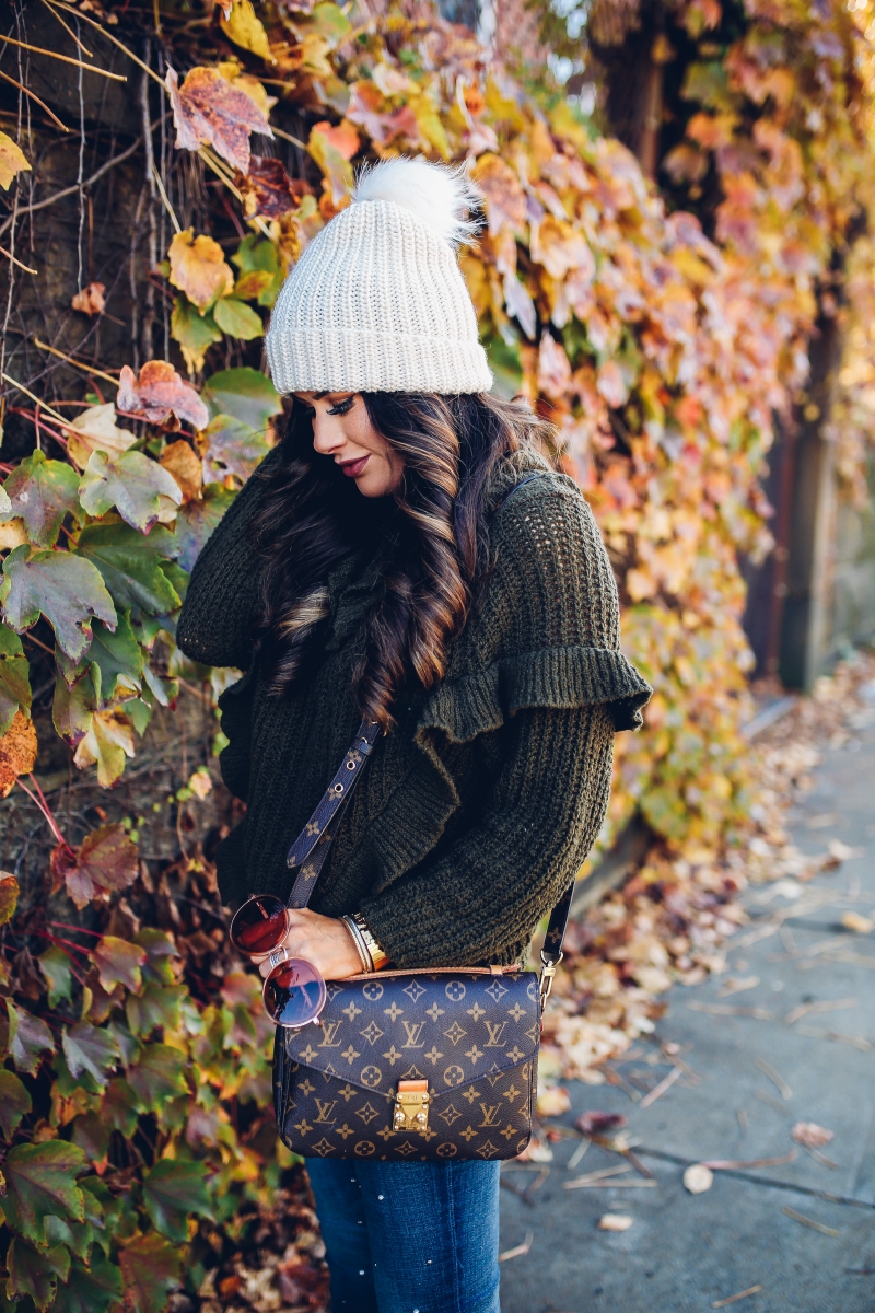 fall fashion 2017, cute fall outfits thanksgiving dinner, chunky turtleneck sweater fall 2017, cute tumblr pinterest fall outfits, outfits with sweaters and beanies, express november 2017 sweaters, embellished jeans pearls, louis vuitton pochette metis, emily ann gemma, the sweetest thing blog