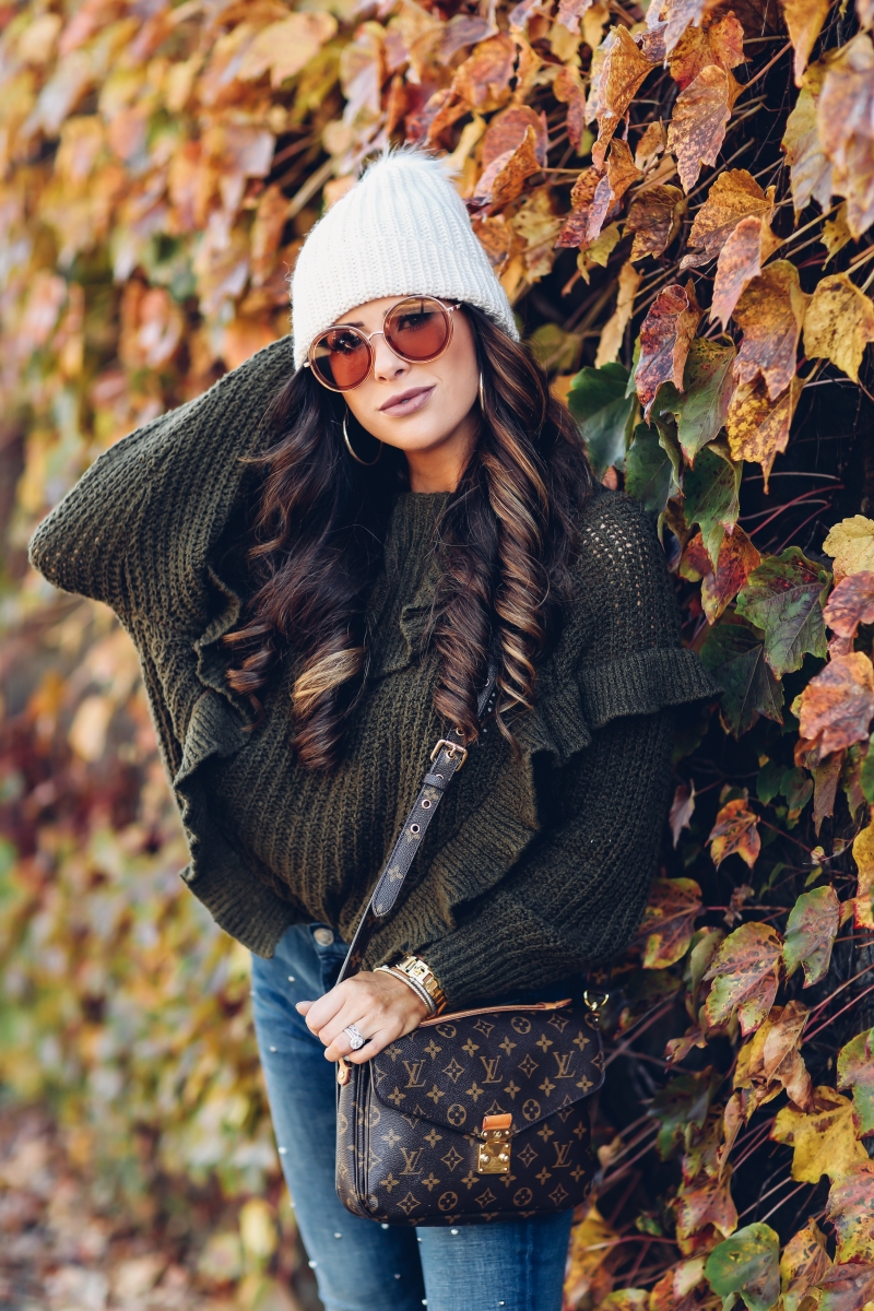 fall fashion 2017, cute fall outfits thanksgiving dinner, chunky turtleneck sweater fall 2017, cute tumblr pinterest fall outfits, outfits with sweaters and beanies, express november 2017 sweaters, embellished jeans pearls, louis vuitton pochette metis, emily ann gemma, the sweetest thing blog