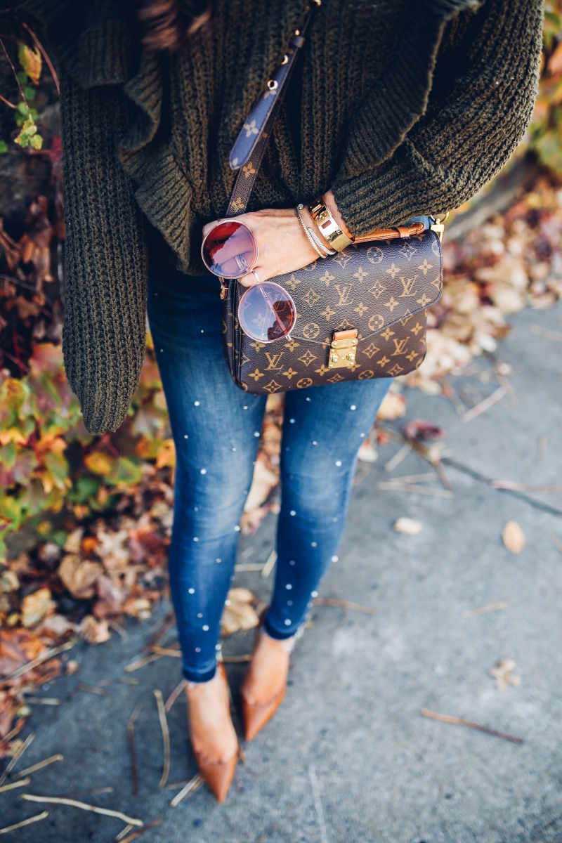 fall fashion 2017, cute fall outfits thanksgiving dinner, chunky turtleneck sweater fall 2017, cute tumblr pinterest fall outfits, outfits with sweaters and beanies, express november 2017 sweaters, embellished jeans pearls, louis vuitton pochette metis, emily ann gemma, the sweetest thing blog