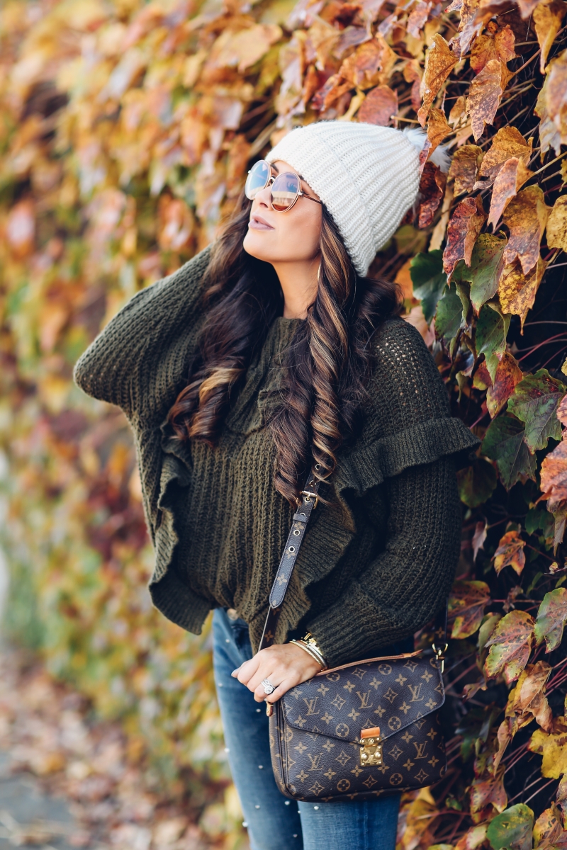 fall fashion 2017, cute fall outfits thanksgiving dinner, chunky turtleneck sweater fall 2017, cute tumblr pinterest fall outfits, outfits with sweaters and beanies, express november 2017 sweaters, embellished jeans pearls, louis vuitton pochette metis, emily ann gemma, the sweetest thing blog