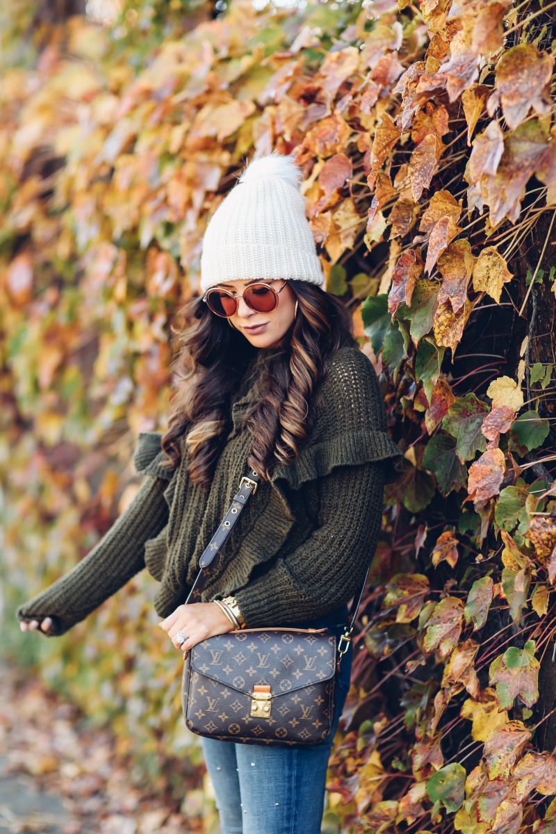 fall fashion 2017, cute fall outfits thanksgiving dinner, chunky turtleneck sweater fall 2017, cute tumblr pinterest fall outfits, outfits with sweaters and beanies, express november 2017 sweaters, embellished jeans pearls, louis vuitton pochette metis, emily ann gemma, the sweetest thing blog