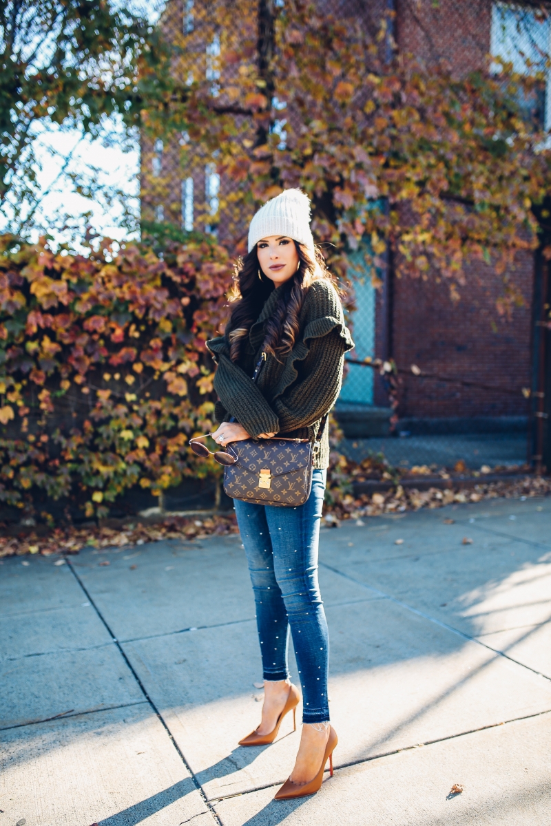 fall fashion 2017, cute fall outfits thanksgiving dinner, chunky turtleneck sweater fall 2017, cute tumblr pinterest fall outfits, outfits with sweaters and beanies, express november 2017 sweaters, embellished jeans pearls, louis vuitton pochette metis, emily ann gemma, the sweetest thing blog