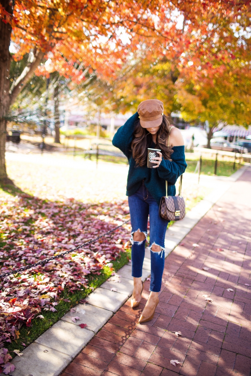 This sweater is easily one of my go-tos for the fall & winter months… it is crazy soft & so comfy, yet comes in really vibrant, beautiful colors. It has the type of fit where you can wear it as a regular v-neck or wear it how I did above ^ hanging off your shoulder for an effortless, cozy feel.  The Sweetest Thing, Emily Gemma, Emilyanngemma. #fashionblogger #falloutfit #fallfavorite #perfectjeans