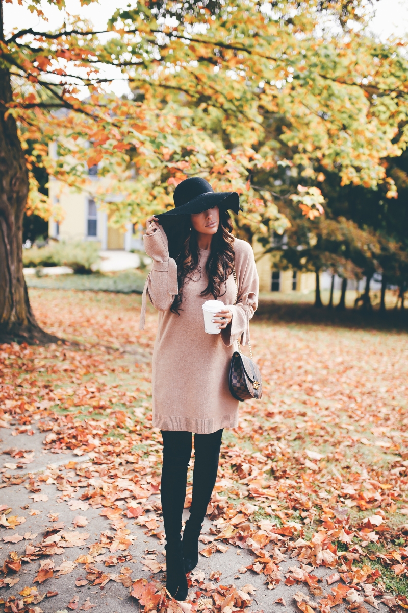 16 Thanksgiving Outfit Ideas featured by top US fashion blogger, Emily Gemma of The Sweetest Thing: cute fall thanksgiving outfitt 2017, cute pinterest outfit black floppy hat, over the knee boots stuart weitzman, madewell sweater dress, louis vuitton WIGHT bag, emily ann gemma, the sweetest thing blog, all black outfit pinterest, easy cute casual womens outfit fall pinterest tumblr thanksgiving, fashion blogger fall outfits pinterest,