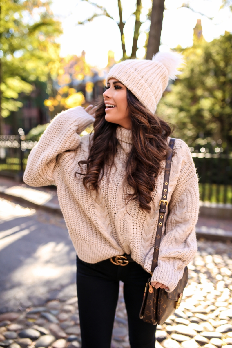 fall fashion 2017, cute outfits with gucci belts women pinterest, h&m chunky knit sweater outfit, louis vuitton pochette metis outfit idea, fall winter outfits boston beanie