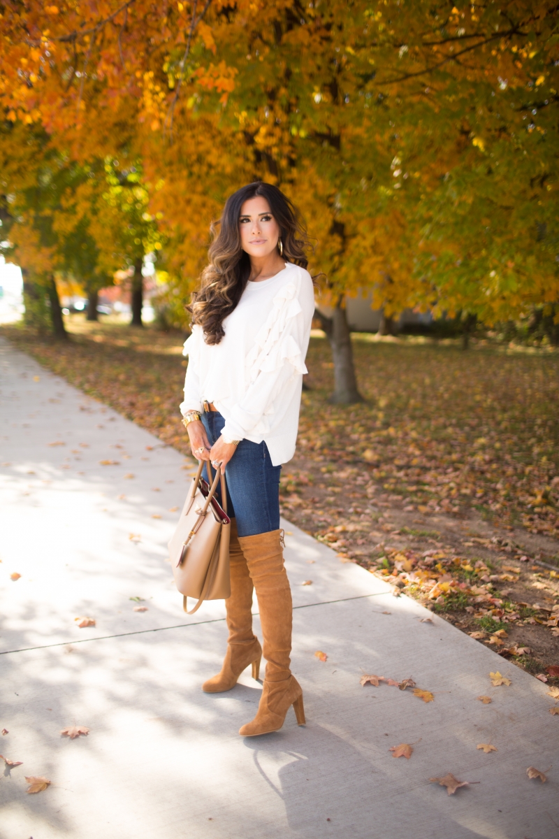 This is easily one of my favorite outfits I’ve worn this fall. First of all, I wear these jeans SO much – they are super flattering (go one size down) and also very comfortable – they feel like PJs! I love it is because it’s a pretty simple look – jeans, OTK boots, & a sweater – but I think the sweater is the statement maker. The Sweetest Thing, Emily Gemma, Emilyanngemma. #fashionblogger #falloutfit #fallfavorite #perfectjeans