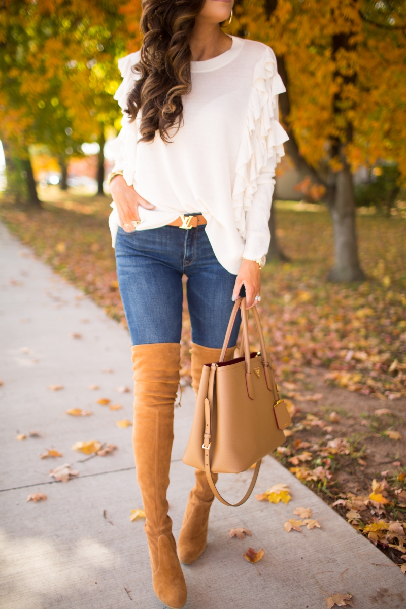 This is easily one of my favorite outfits I’ve worn this fall. First of all, I wear these jeans SO much – they are super flattering (go one size down) and also very comfortable – they feel like PJs! I love it is because it’s a pretty simple look – jeans, OTK boots, & a sweater – but I think the sweater is the statement maker. The Sweetest Thing, Emily Gemma, Emilyanngemma. #fashionblogger #falloutfit #fallfavorite #perfectjeans