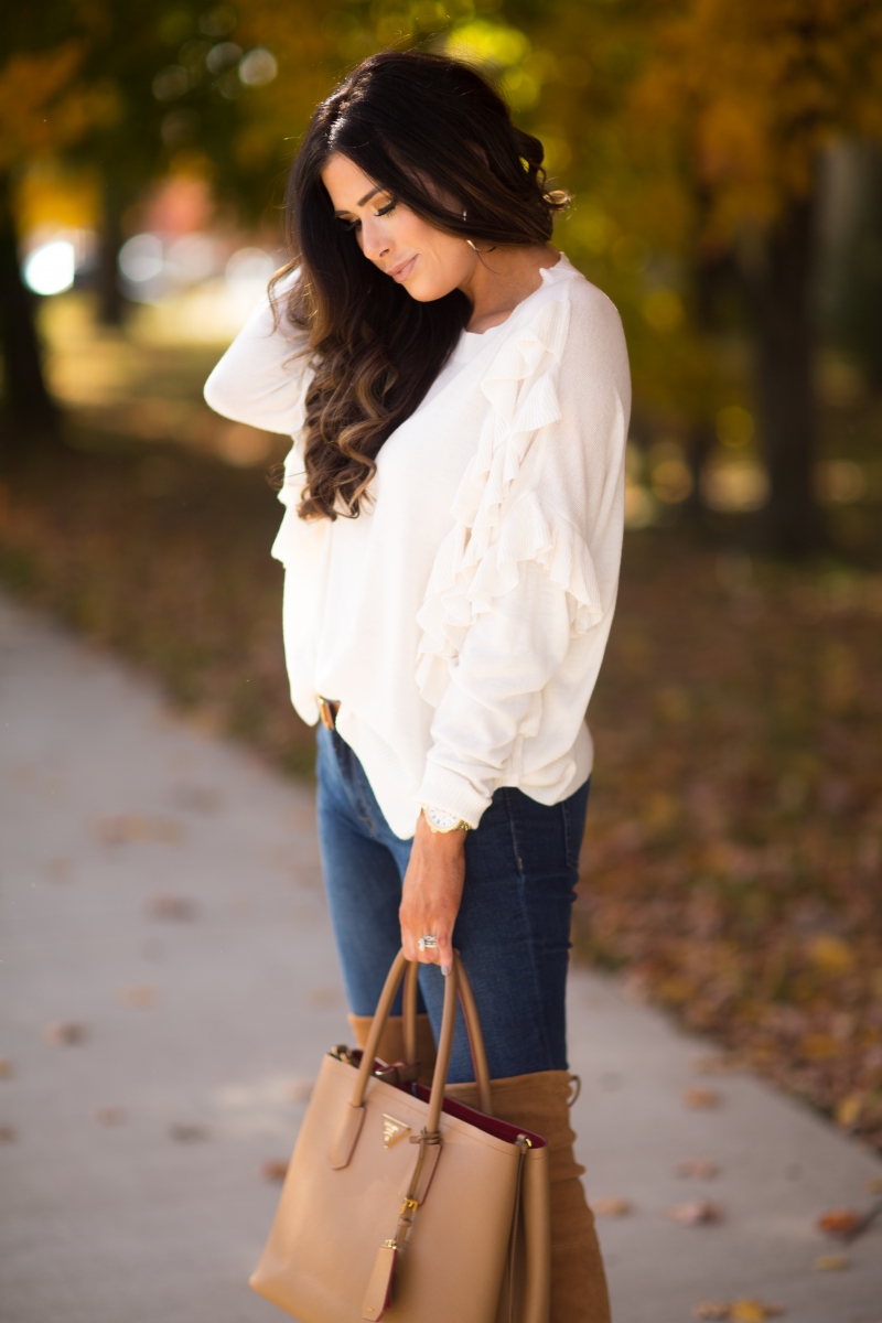 This is easily one of my favorite outfits I’ve worn this fall. First of all, I wear these jeans SO much – they are super flattering (go one size down) and also very comfortable – they feel like PJs! I love it is because it’s a pretty simple look – jeans, OTK boots, & a sweater – but I think the sweater is the statement maker. The Sweetest Thing, Emily Gemma, Emilyanngemma. #fashionblogger #falloutfit #fallfavorite #perfectjeans