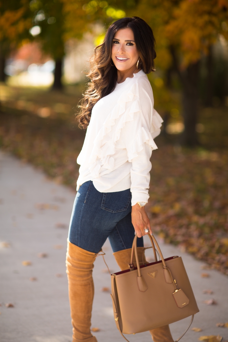 This is easily one of my favorite outfits I’ve worn this fall. First of all, I wear these jeans SO much – they are super flattering (go one size down) and also very comfortable – they feel like PJs! I love it is because it’s a pretty simple look – jeans, OTK boots, & a sweater – but I think the sweater is the statement maker. The Sweetest Thing, Emily Gemma, Emilyanngemma. #fashionblogger #falloutfit #fallfavorite #perfectjeans