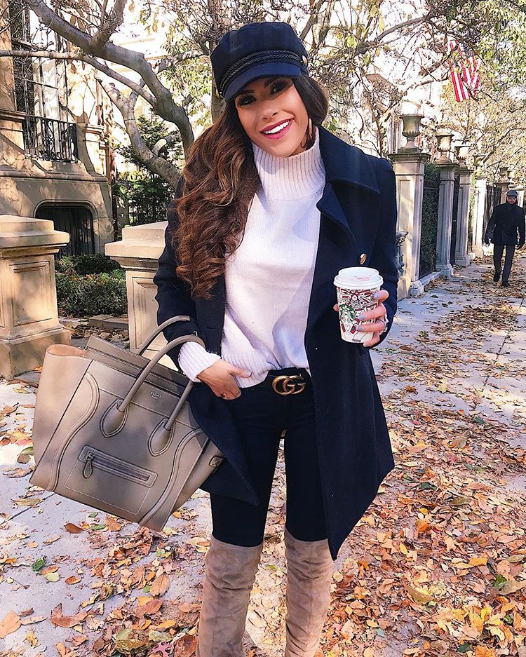 cute fall outfit ideas, gucci belt fall outfit ideas, celine taupe mini luggage, cute pinterest navy peacoat h&m, outfits with cadet caps