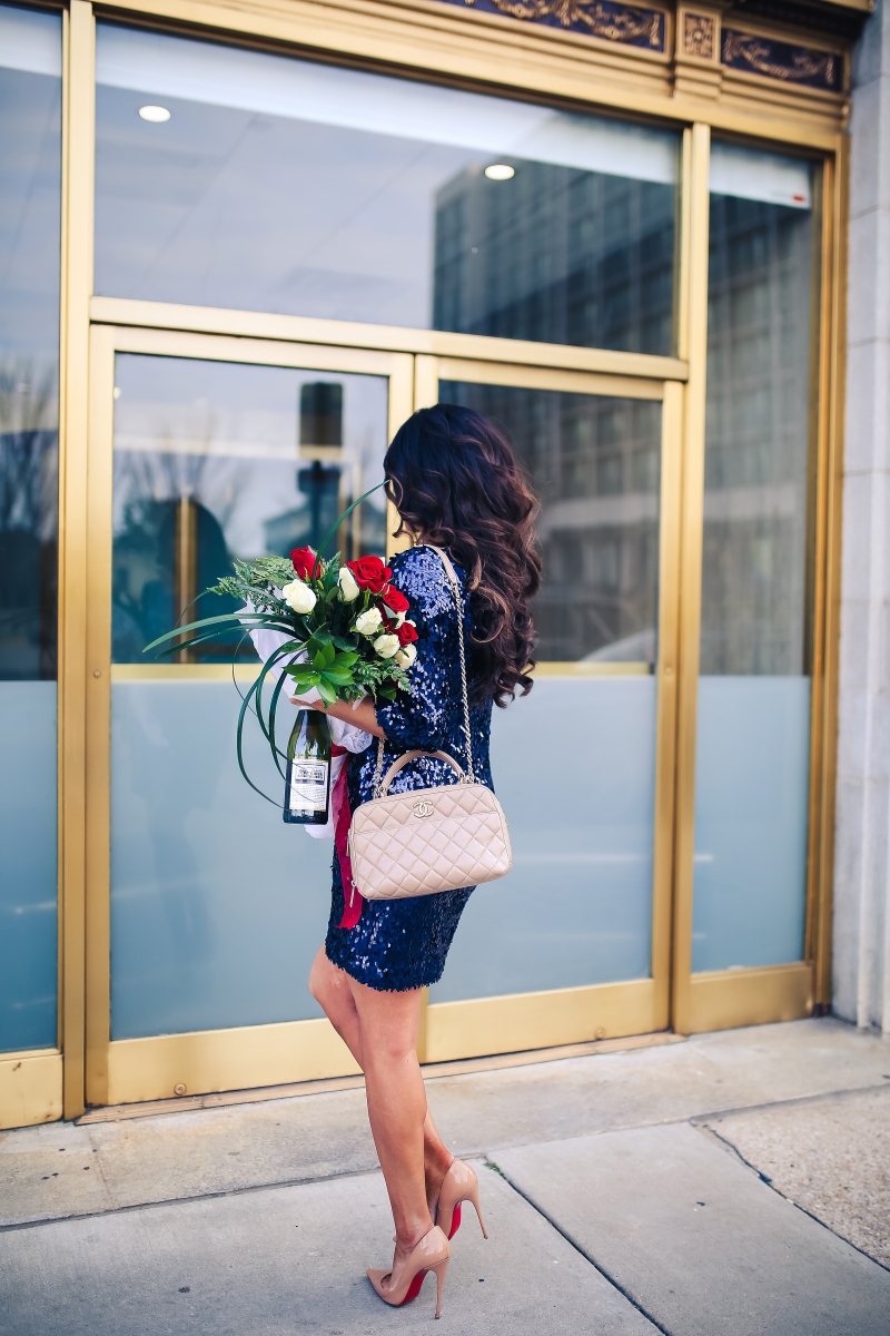 navy sequin dress, new years ever sequin dress, chanel bowling bag nude, emily ann gemma, the sweetest thing, pinterest sequin NYE outfit-3