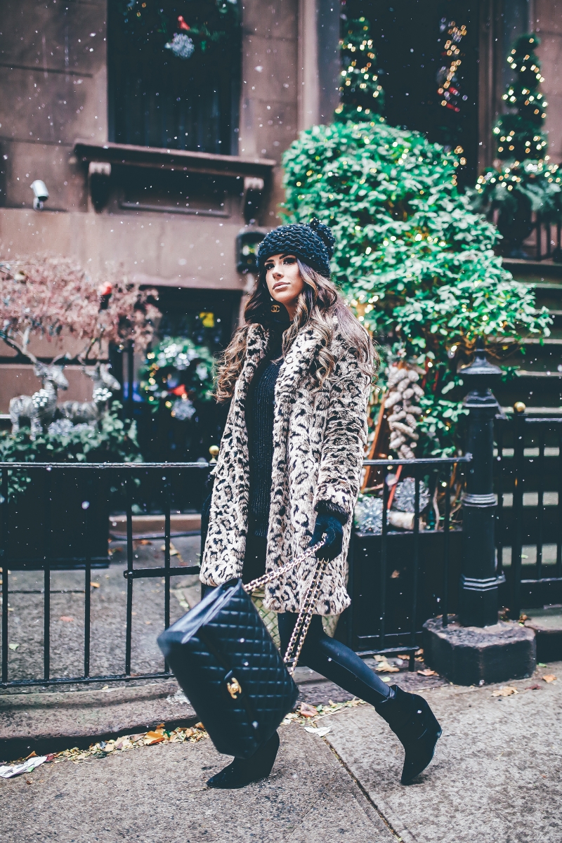winter outfits leopard jacket, nyc at christmas time, what to wear NY at christmas time, warm cute pinterest outfit NYC winter, emily ann gemma, the sweetest thing blog, cute winter outfit idea nyc, black chanel maxi bag quilted, faux fur leopard coat outfits pinterest
