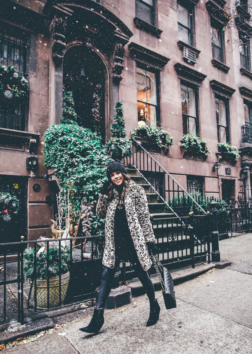 winter outfits leopard jacket, nyc at christmas time, what to wear NY at christmas time, warm cute pinterest outfit NYC winter, emily ann gemma, the sweetest thing blog, cute winter outfit idea nyc, black chanel maxi bag quilted, faux fur leopard coat outfits pinterest