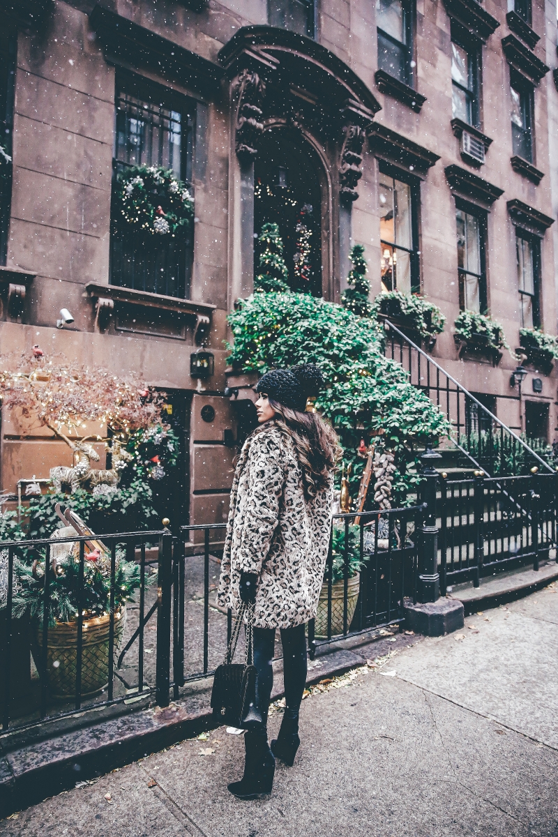 winter outfits leopard jacket, nyc at christmas time, what to wear NY at christmas time, warm cute pinterest outfit NYC winter, emily ann gemma, the sweetest thing blog, cute winter outfit idea nyc, black chanel maxi bag quilted, faux fur leopard coat outfits pinterest