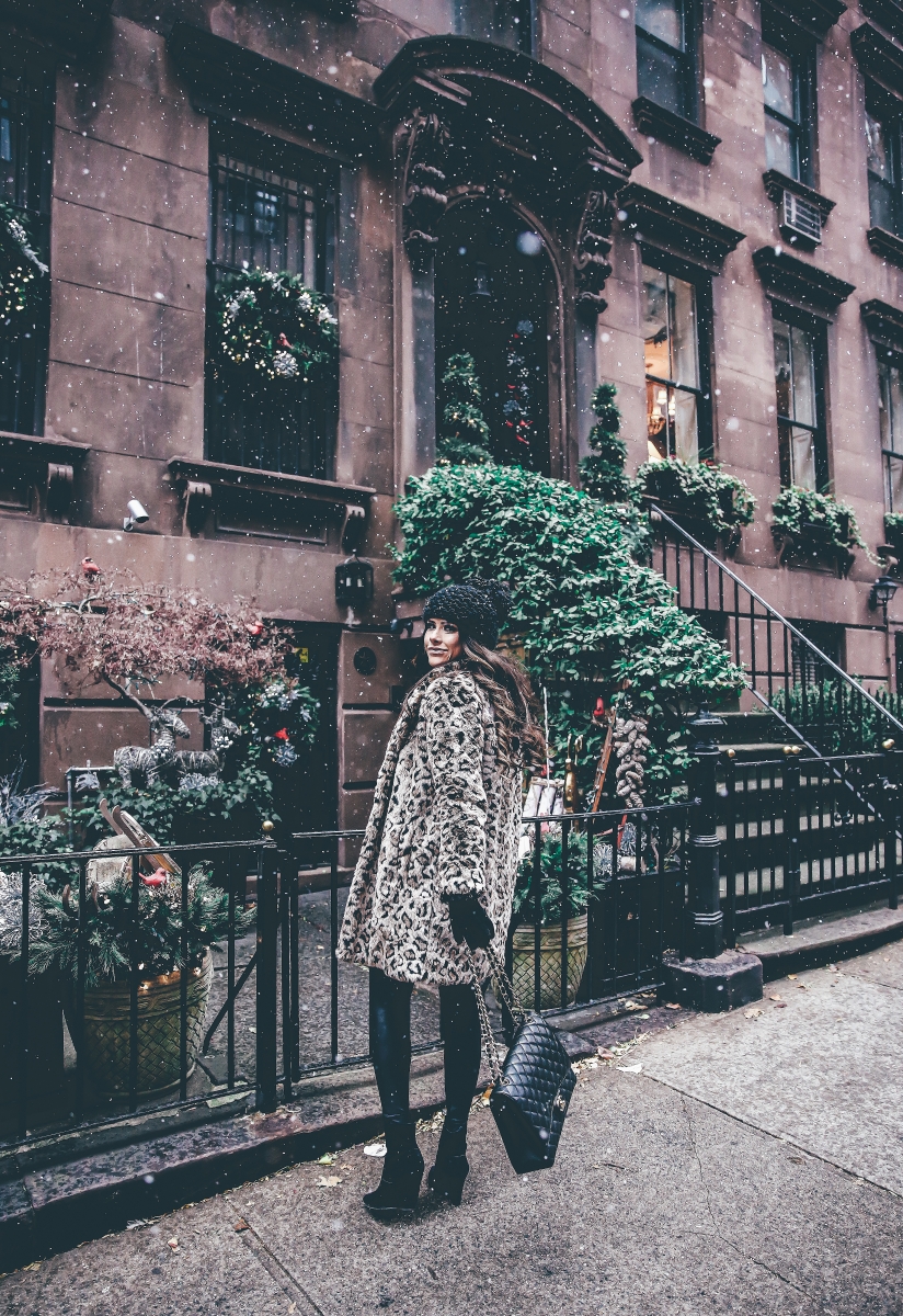 winter outfits leopard jacket, nyc at christmas time, what to wear NY at christmas time, warm cute pinterest outfit NYC winter, emily ann gemma, the sweetest thing blog, cute winter outfit idea nyc, black chanel maxi bag quilted