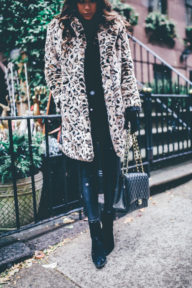 winter outfits leopard jacket, nyc at christmas time, what to wear NY at christmas time, warm cute pinterest outfit NYC winter, emily ann gemma, the sweetest thing blog, cute winter outfit idea nyc, black chanel maxi bag quilted, faux fur leopard coat outfits pinterest