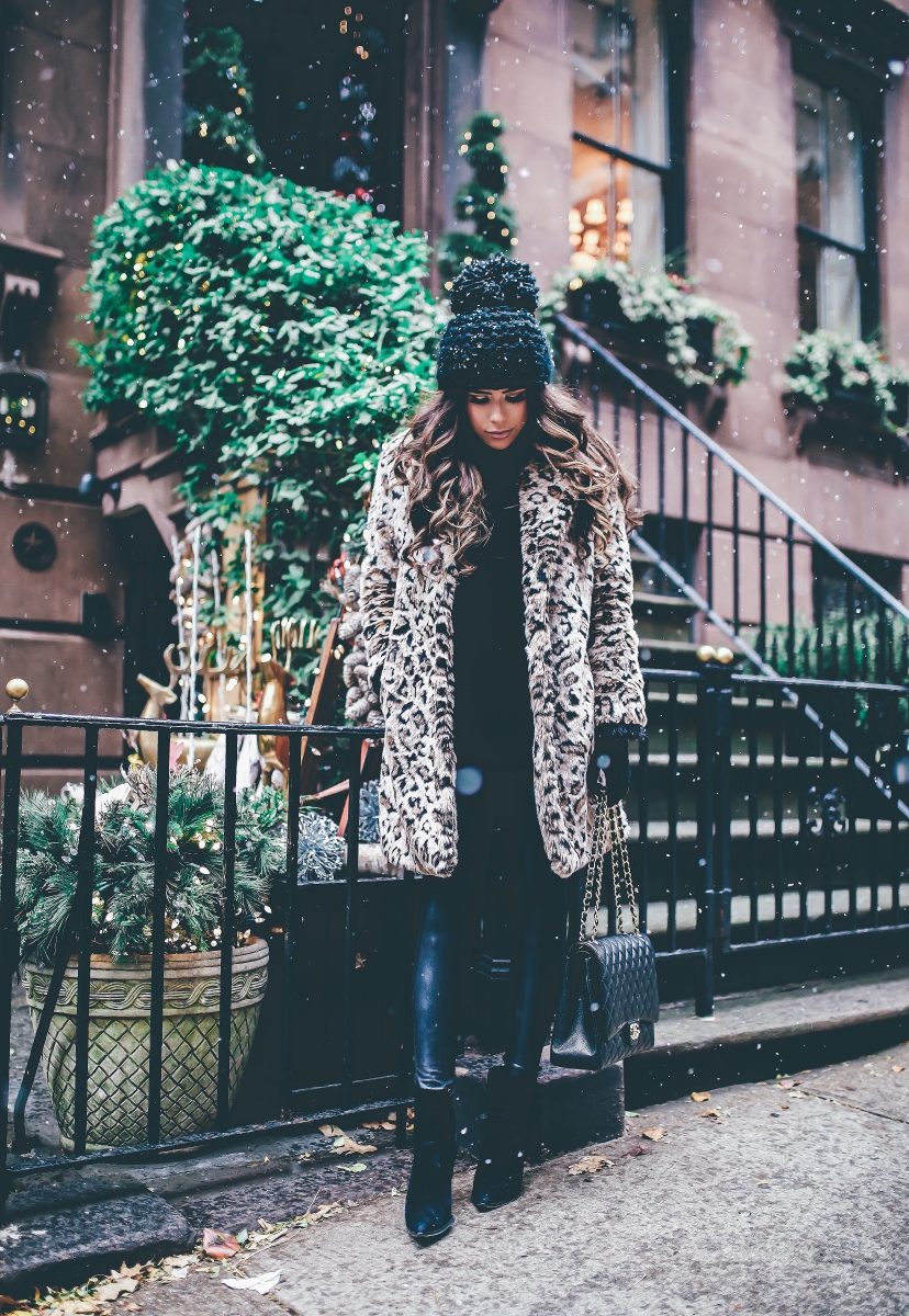 winter outfits leopard jacket, nyc at christmas time, what to wear NY at christmas time, warm cute pinterest outfit NYC winter, emily ann gemma, the sweetest thing blog, cute winter outfit idea nyc, black chanel maxi bag quilted, faux fur leopard coat outfits pinterest