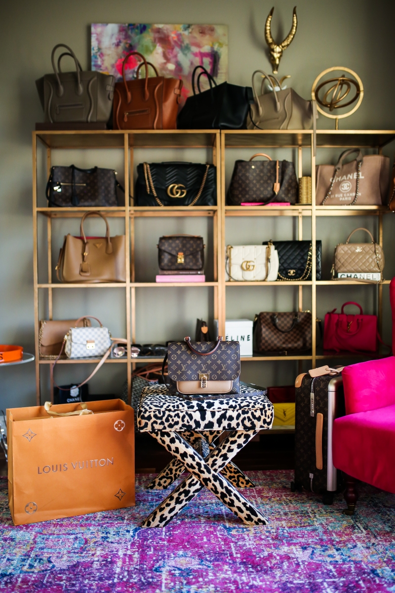 Louis Vuitton Marignan by popular US fashion blog, The Sweetest Thing: image of the Louis Vuitton Marignan messenger bag on a leopard print bench.