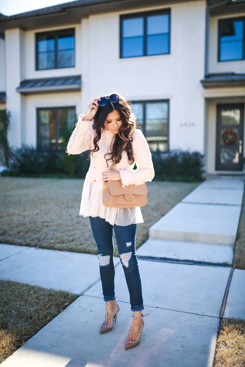 willow and clay blazer tulle gold button, Frame ripped high waisted denim, emily ann gemma, the sweetest thing blog