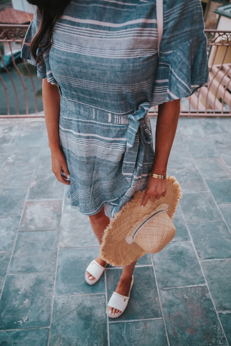 Emily Ann Gemma, The Sweetest Thing Blog, VACATION LOOK, THE CUTEST STATEMENT EARRINGS, Vacation 2018 Pinterest, Vacation outfit 2018 Pinterest, Straw hat, Chanel backpack, Chanel backpack 2018 Pinterest, White Chanel backpack, statement earrings, Express statement earrings, Express striped dress, Chanel flats, Express linen dress