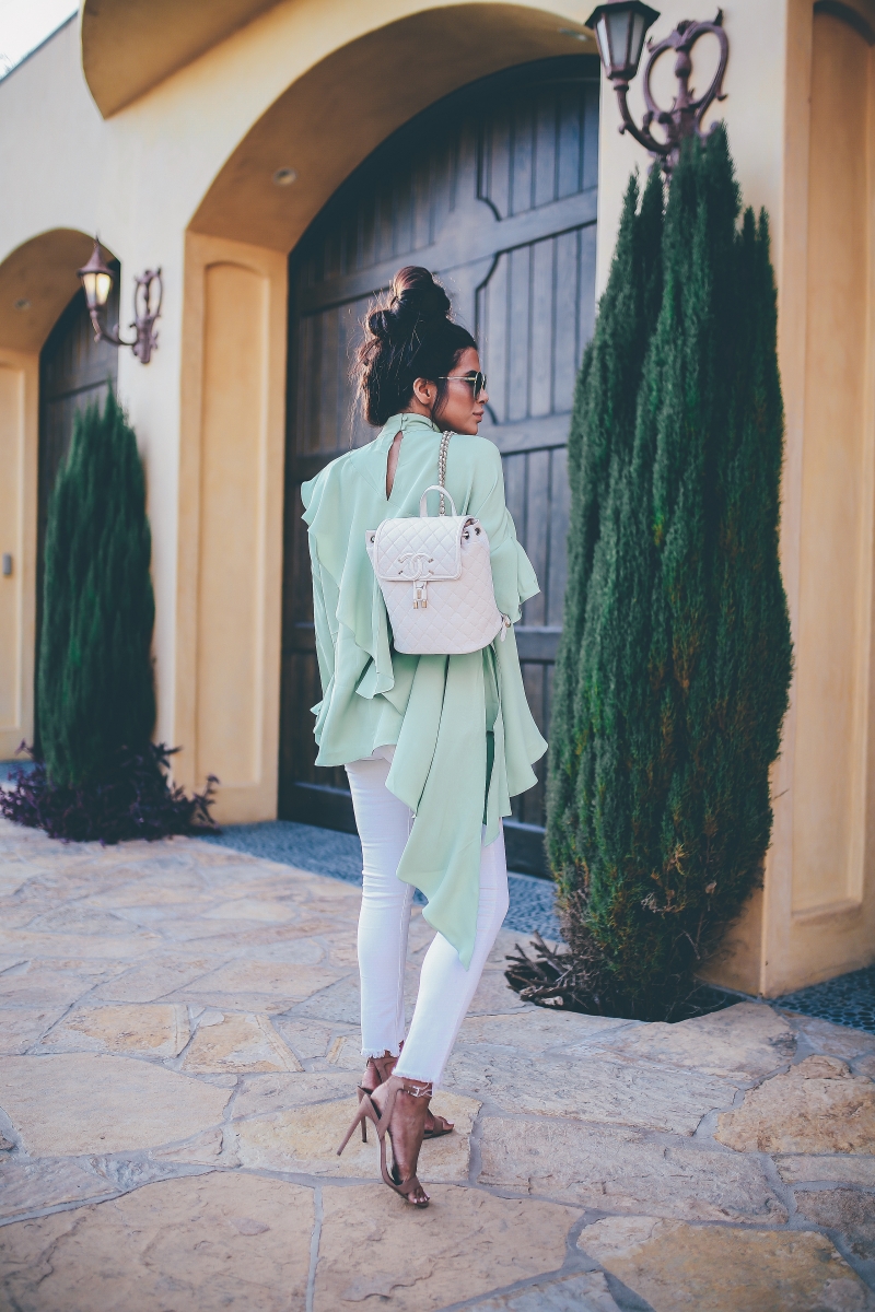 spring pastel white jeans fashion date night fashion outfit 2018 pinterest Chanel backpack emily ann gemma the sweetest thing blog