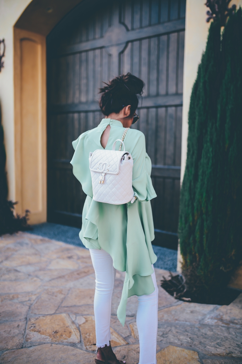 spring pastel white jeans fashion date night fashion outfit 2018 pinterest Chanel backpack emily ann gemma the sweetest thing blog