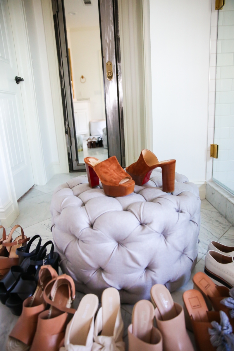 Cute Spring Shoes by popular US fashion blog, The Sweetest Thing: image of various cute spring shoes resting on and around a grey tufted ottoman.