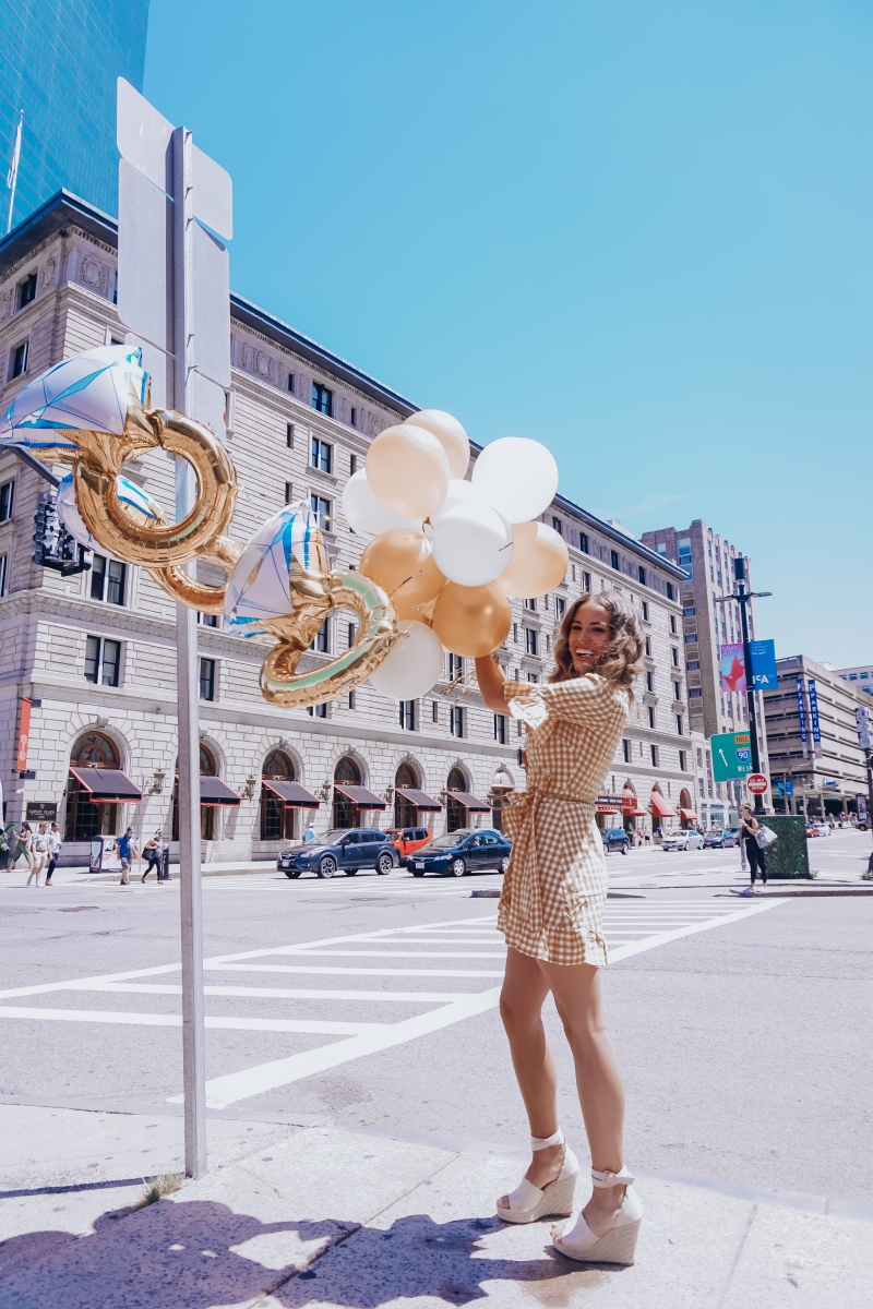 bachelorette party decor, cute engagement party balloons, pinterest engagement ring balloons, boston girls weekend, boston travel blog, emily ann gemma, elle harper, cute gingham outfits, travel bloggers