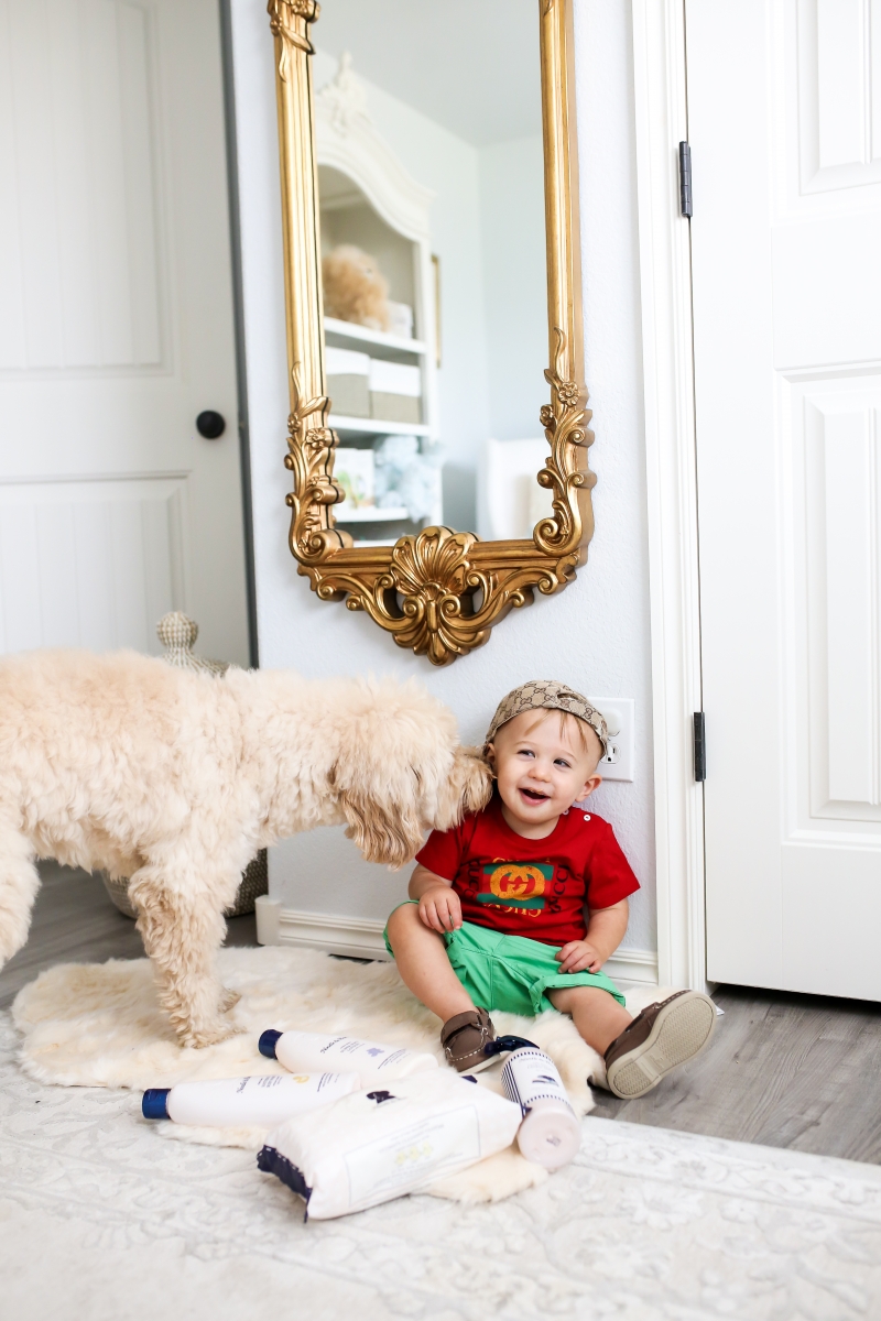 Golden doodle puppy and baby photos, mini golden doodle and baby pictures, Baby Boy Nursery Pinterest, Nordstrom Anniversary Sale 2018 best baby products, baby boy fashion instagram, Cute baby boy fashion, baby boy gucci outfits, baby boy gucci baseball cap