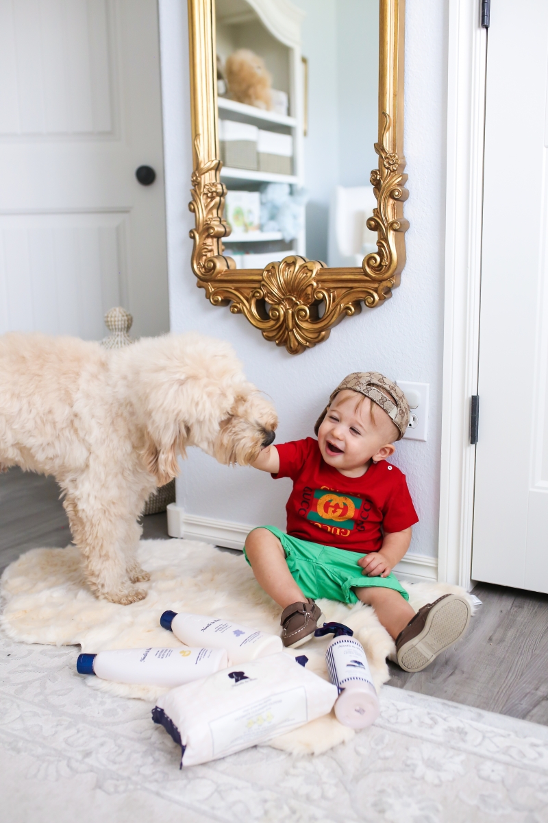 Golden doodle puppy and baby photos, mini golden doodle and baby pictures, Baby Boy Nursery Pinterest, Nordstrom Anniversary Sale 2018 best baby products, baby boy fashion instagram, Cute baby boy fashion, baby boy gucci outfits, baby boy gucci baseball cap