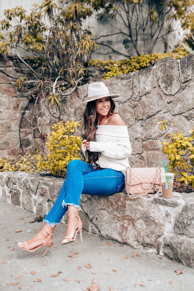 fall fashion 2018 pinterest, fall fashion outfit ideas pinterest 2018, emily ann gemma blog, chanel classic flap jumbo beige, cable knit off the shoulder sweater, COH rocket jeans, lack of color Mack Hat, Billabong off the shoulder sweater, hair by chrissy brunette extensions