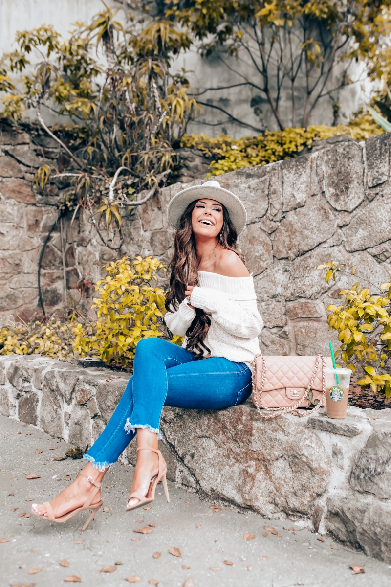 fall fashion 2018 pinterest, fall fashion outfit ideas pinterest 2018, emily ann gemma blog, chanel classic flap jumbo beige, cable knit off the shoulder sweater, COH rocket jeans, lack of color Mack Hat, Billabong off the shoulder sweater