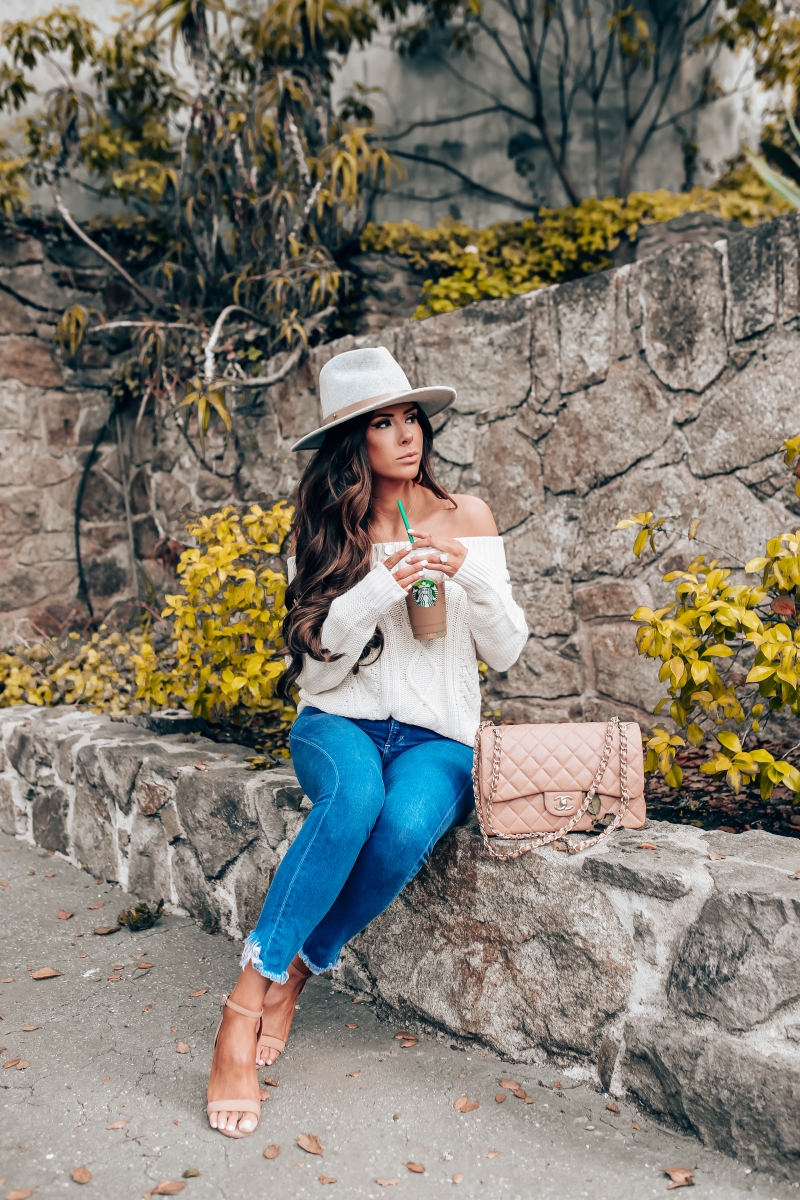 fall fashion 2018 pinterest, fall fashion outfit ideas pinterest 2018, emily ann gemma blog, chanel classic flap jumbo beige, cable knit off the shoulder sweater, COH rocket jeans, lack of color Mack Hat, Billabong off the shoulder sweater