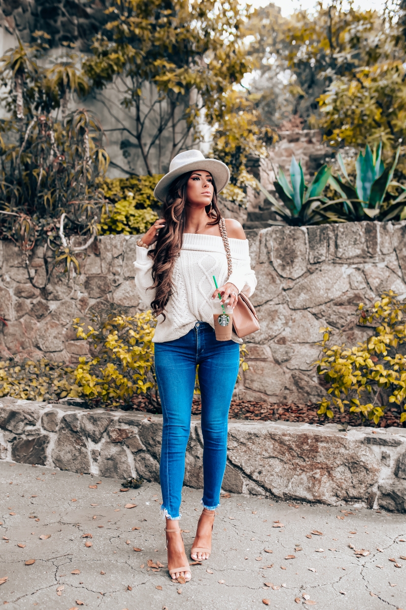 fall fashion 2018 pinterest, fall fashion outfit ideas pinterest 2018, emily ann gemma blog, chanel classic flap jumbo beige, cable knit off the shoulder sweater, COH rocket jeans, lack of color Mack Hat, Billabong off the shoulder sweater, hair by chrissy brunette extensions