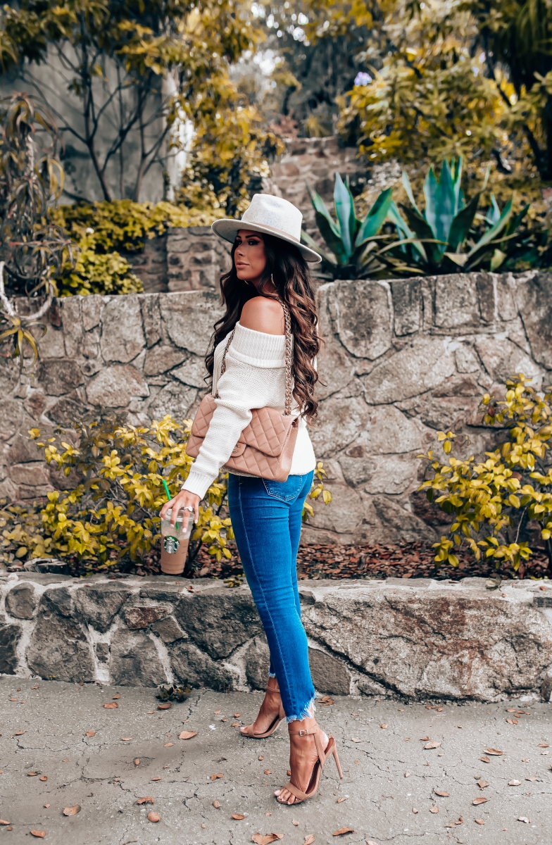 fall fashion 2018 pinterest, fall fashion outfit ideas pinterest 2018, emily ann gemma blog, chanel classic flap jumbo beige, cable knit off the shoulder sweater, COH rocket jeans, lack of color Mack Hat, Billabong off the shoulder sweater, hair by chrissy brunette extensions