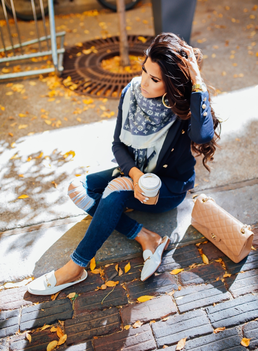 louis vuitton reversible scarf fall outfit idea, michele watch gold, fall fashion pinterest 2018, emily ann gemma blog, balmain blazer dupe, chanel beige classic jumbo, louis vuitton scarf outfit idea, fall outfit ideas 2018, aspen travel blog