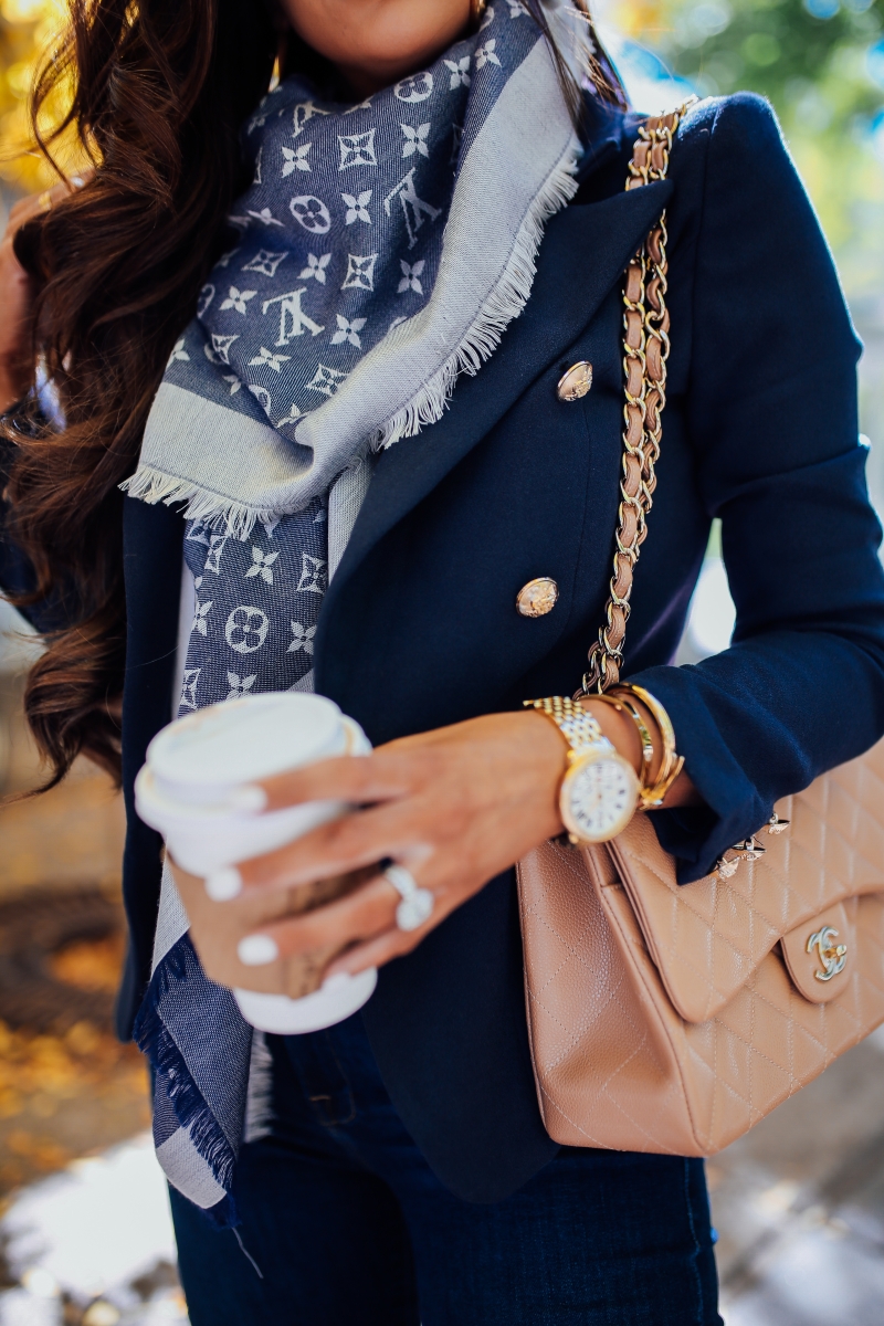 louis vuitton reversible scarf fall outfit idea, michele watch gold, fall fashion pinterest 2018, emily ann gemma blog, balmain blazer dupe, chanel beige classic jumbo, louis vuitton scarf outfit idea, fall outfit ideas 2018, aspen travel blog