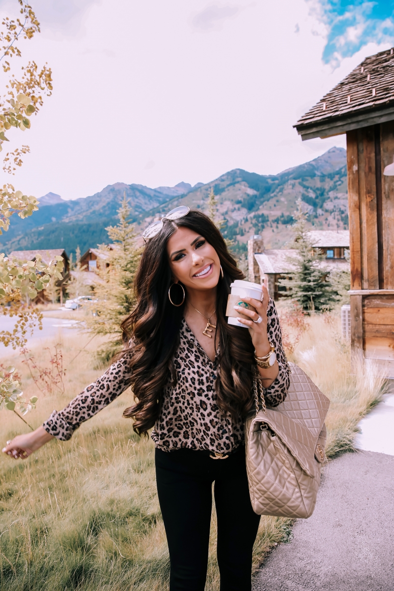 fall fashion pinterest 2018, celine alphabet necklace, chloe sunglasses, nordstrom BP leopard top, DL 1961 jeans, travel and fashion blogger, Jackson hole wyoming travel guide, popular fashion instagram bloggers 2018, chanel black belt, giani bini leopard booties, Chanel XXL airline tote, emily ann gemma