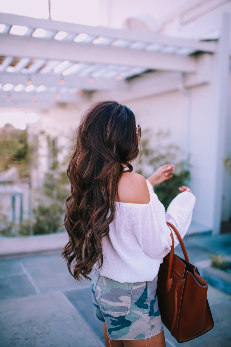 brunette balayage, hair by chrissy habit salon extensions, tan celine mini luggage, celine alphabet letter dupe necklace lookalike, emily ann gemma blog, chloe oversized butterfly sunglasses, topshop camo shorts, fall fashion pinterest 2018-8