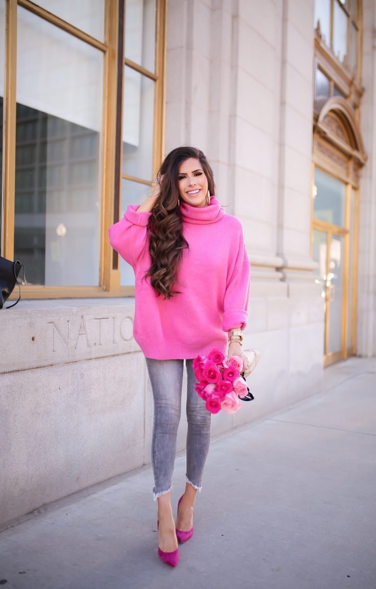 Fall fashion pinterest 2018, hot pink turtleneck sweater oversized topshop, express high waisted denim, cat eye heart sunglasses YSL dupe, emily ann gemma-6