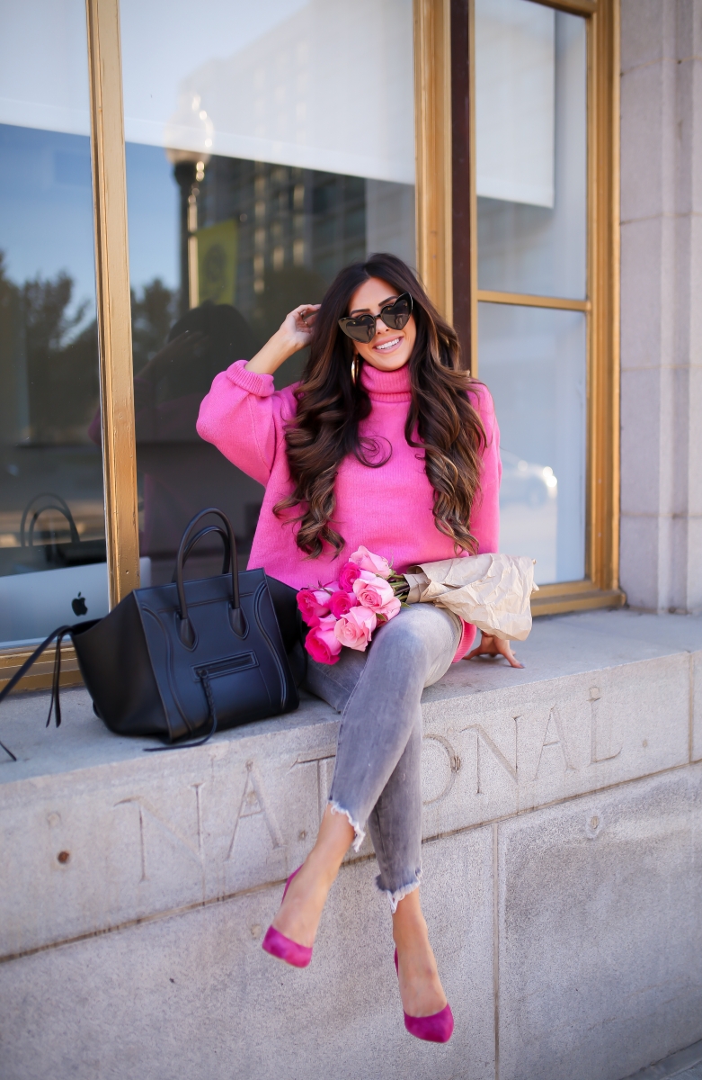 Fall fashion pinterest 2018, hot pink turtleneck sweater oversized topshop, express high waisted denim, cat eye heart sunglasses YSL dupe, emily ann gemma-6