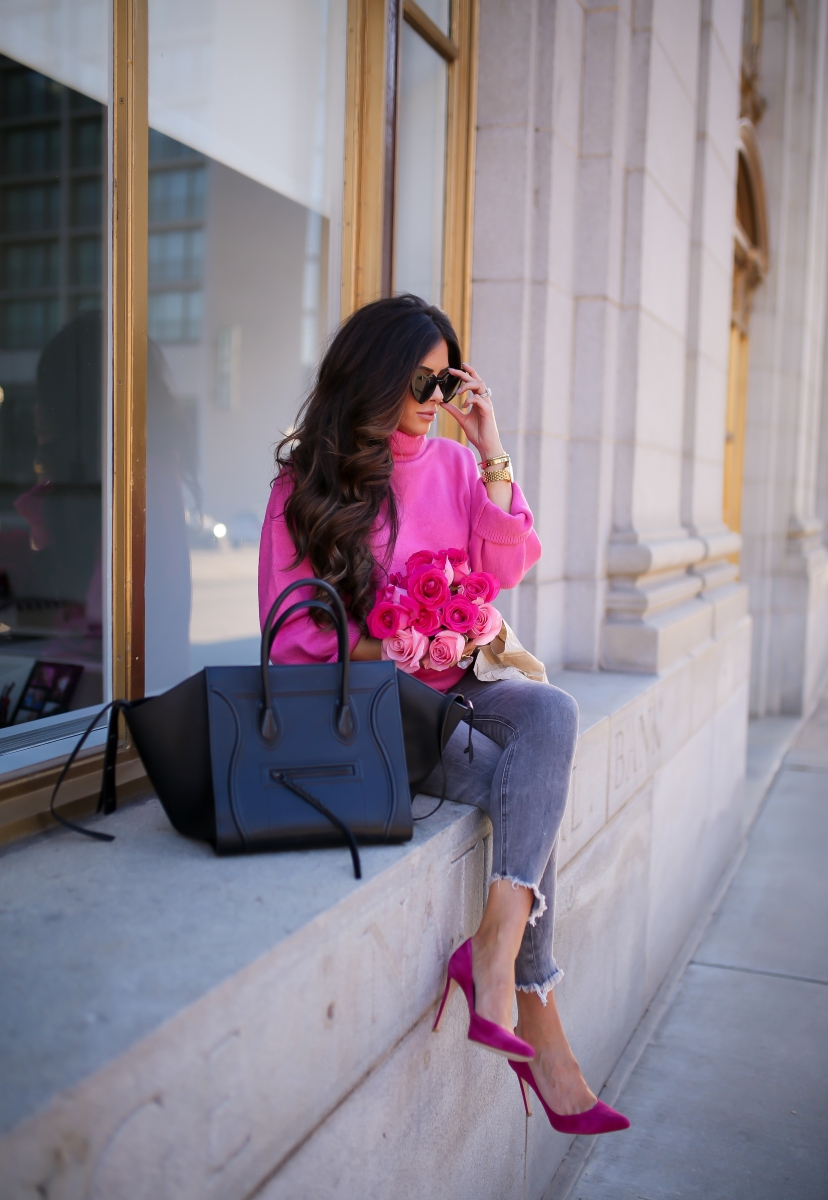 Fall fashion pinterest 2018, hot pink turtleneck sweater oversized topshop, express high waisted denim, cat eye heart sunglasses YSL dupe, emily ann gemma-6