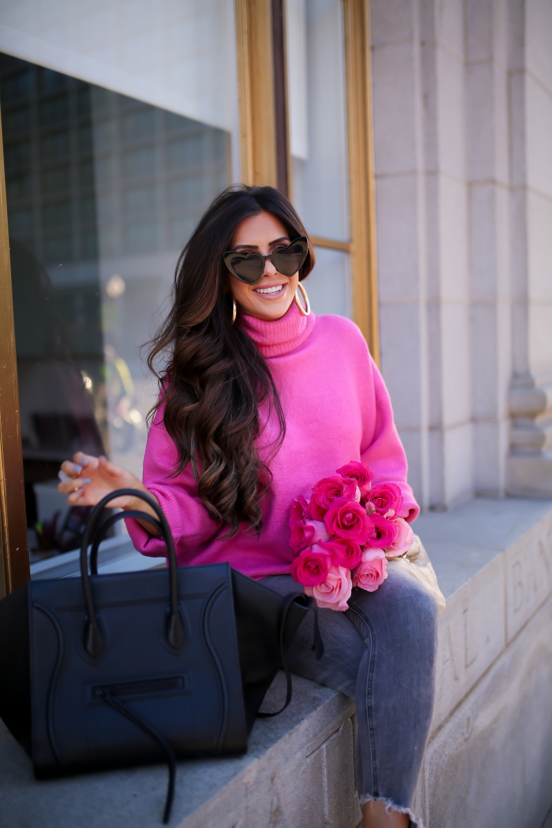 Fall fashion pinterest 2018, hot pink turtleneck sweater oversized topshop, express high waisted denim, cat eye heart sunglasses YSL dupe, emily ann gemma-6